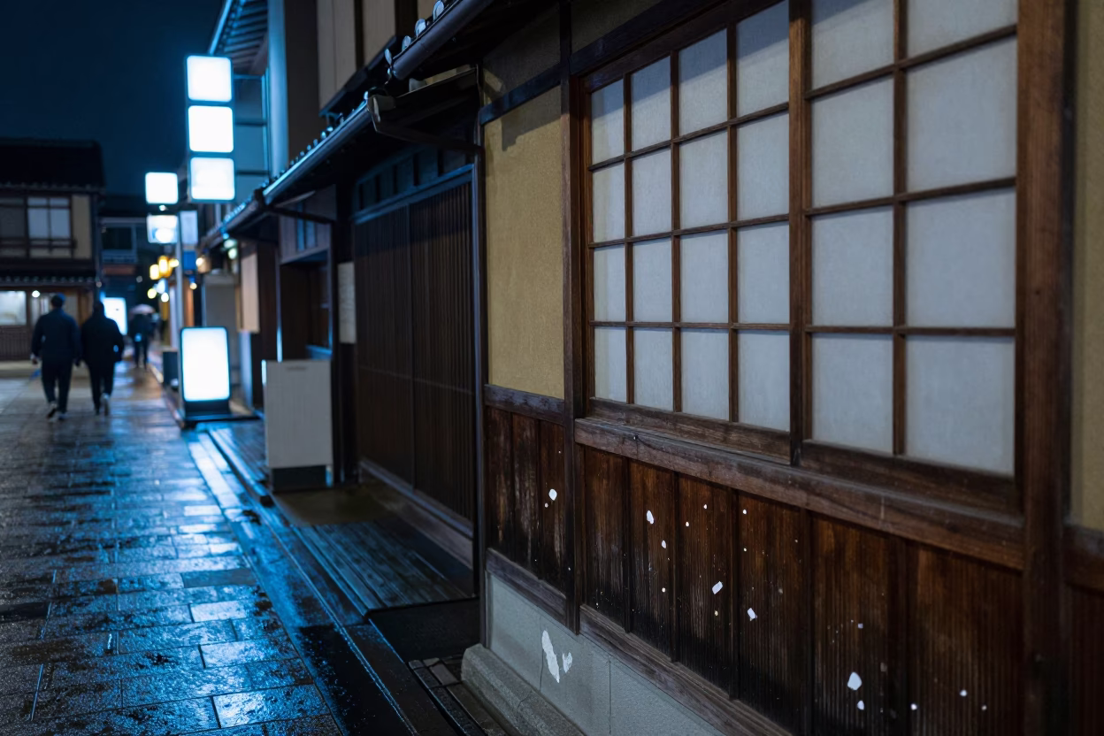 Late Night Kyoto Street Scene with Paint Flecks on Window Sill in in Kyoto, Japan