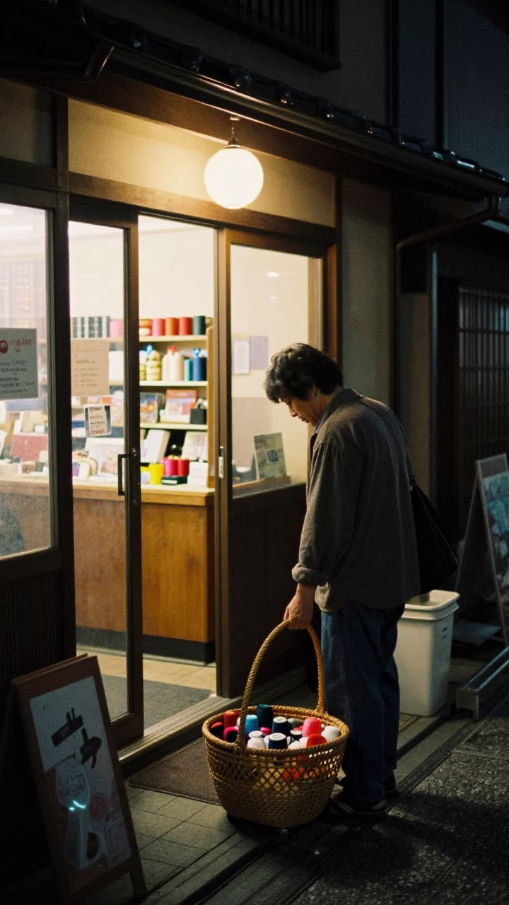 Late Night Kyoto Street Scene with Sewing Basket and Traditional Architecture in in Kyoto, Japan