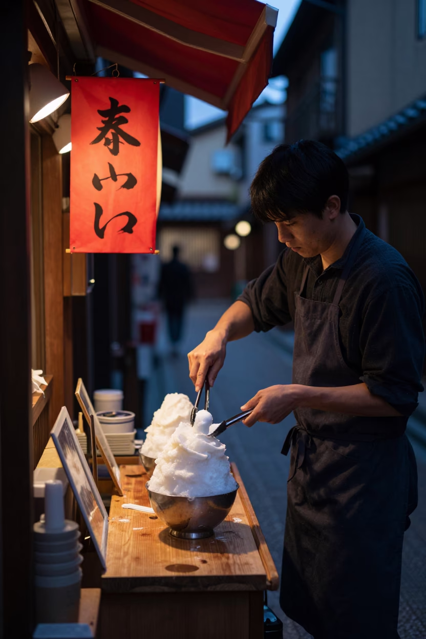 Late Night Kyoto Street Scene with Shaved Ice Vendor and Traditional Lanterns in in Kyoto, Japan