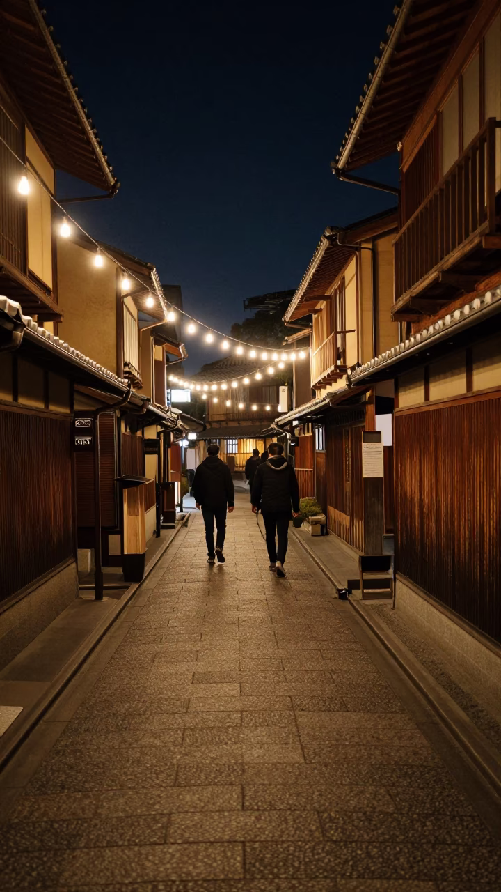 Late Night Kyoto Street Scene with String Lights and Traditional Wooden Facades in in Kyoto, Japan