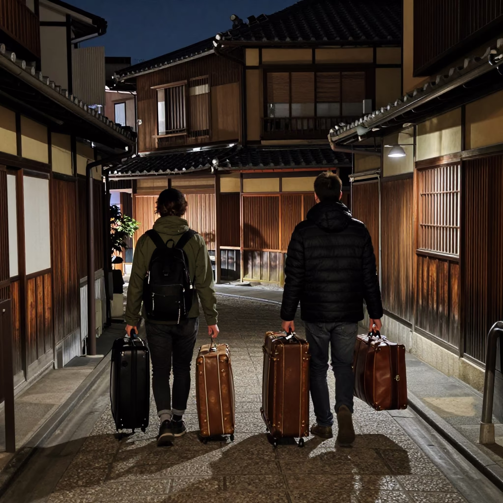 Late Night Kyoto Street Scene with Suitcases and Traditional Wooden Architecture in in Kyoto, Japan