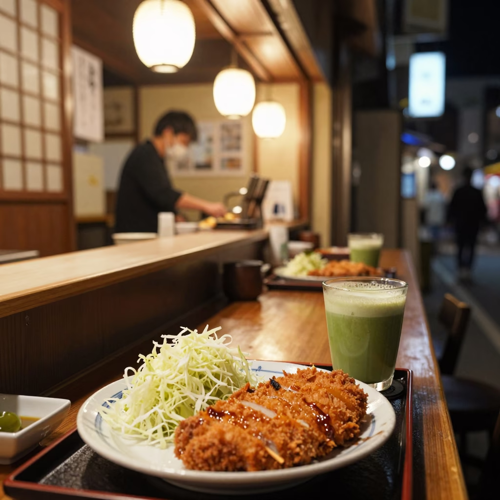 Late Night Kyoto Street Scene with Tonkatsu and Matcha Latte in in Kyoto, Japan