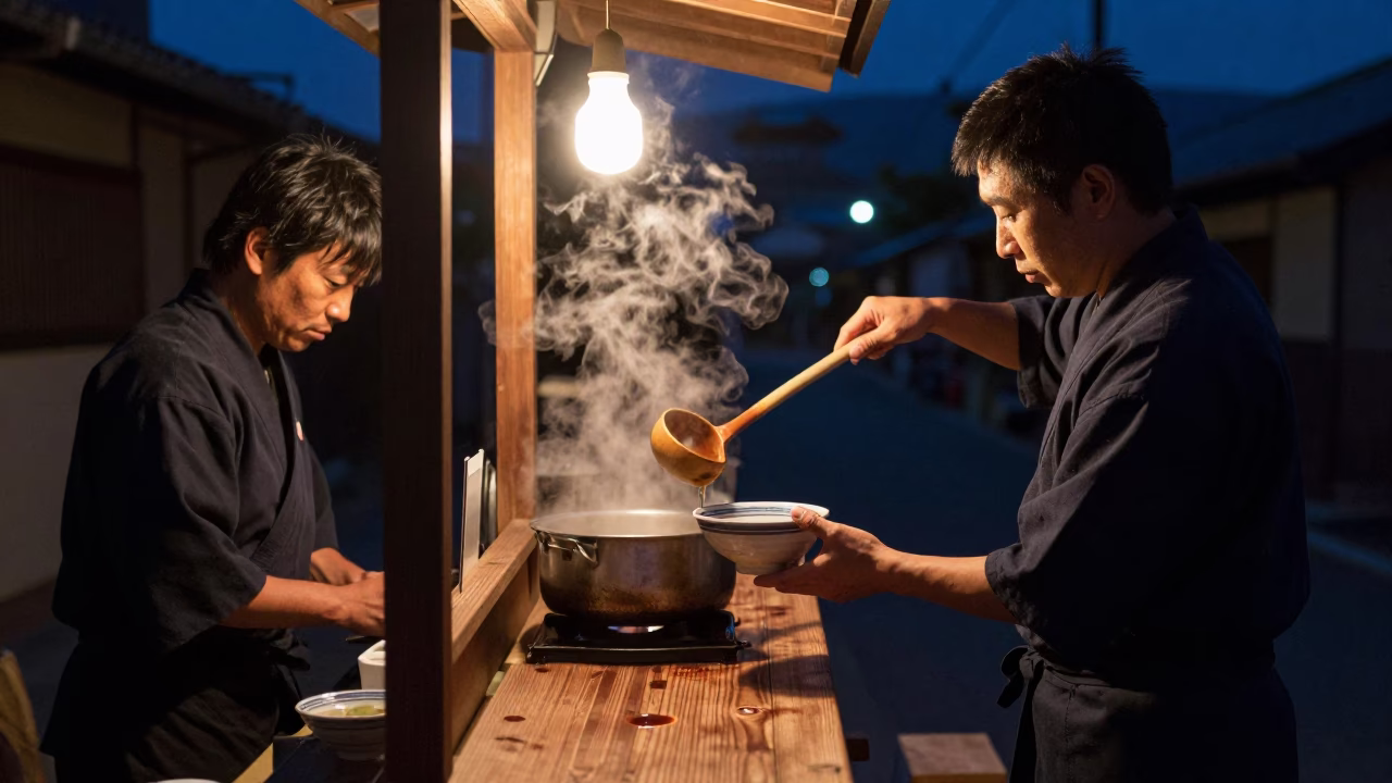Late Night Kyoto Street Scene with Traditional Ladle and Wooden Grater on Wooden Counter in in Kyoto, Japan