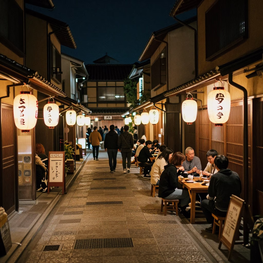 Late Night Kyoto Street Scene with Traditional Lanterns and Local Diners in in Kyoto, Japan