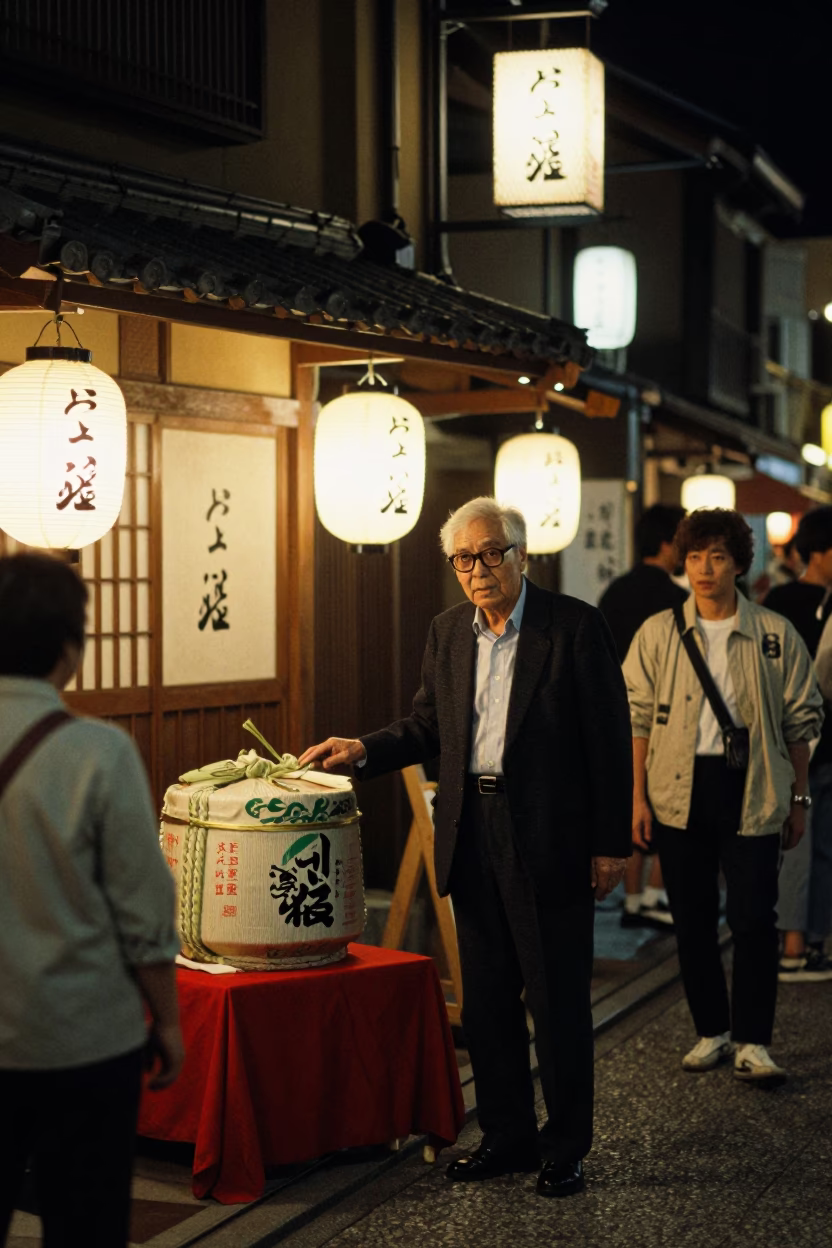 Late Night Kyoto Street Scene with Traditional Sake Barrel and Steam Haze in in Kyoto, Japan