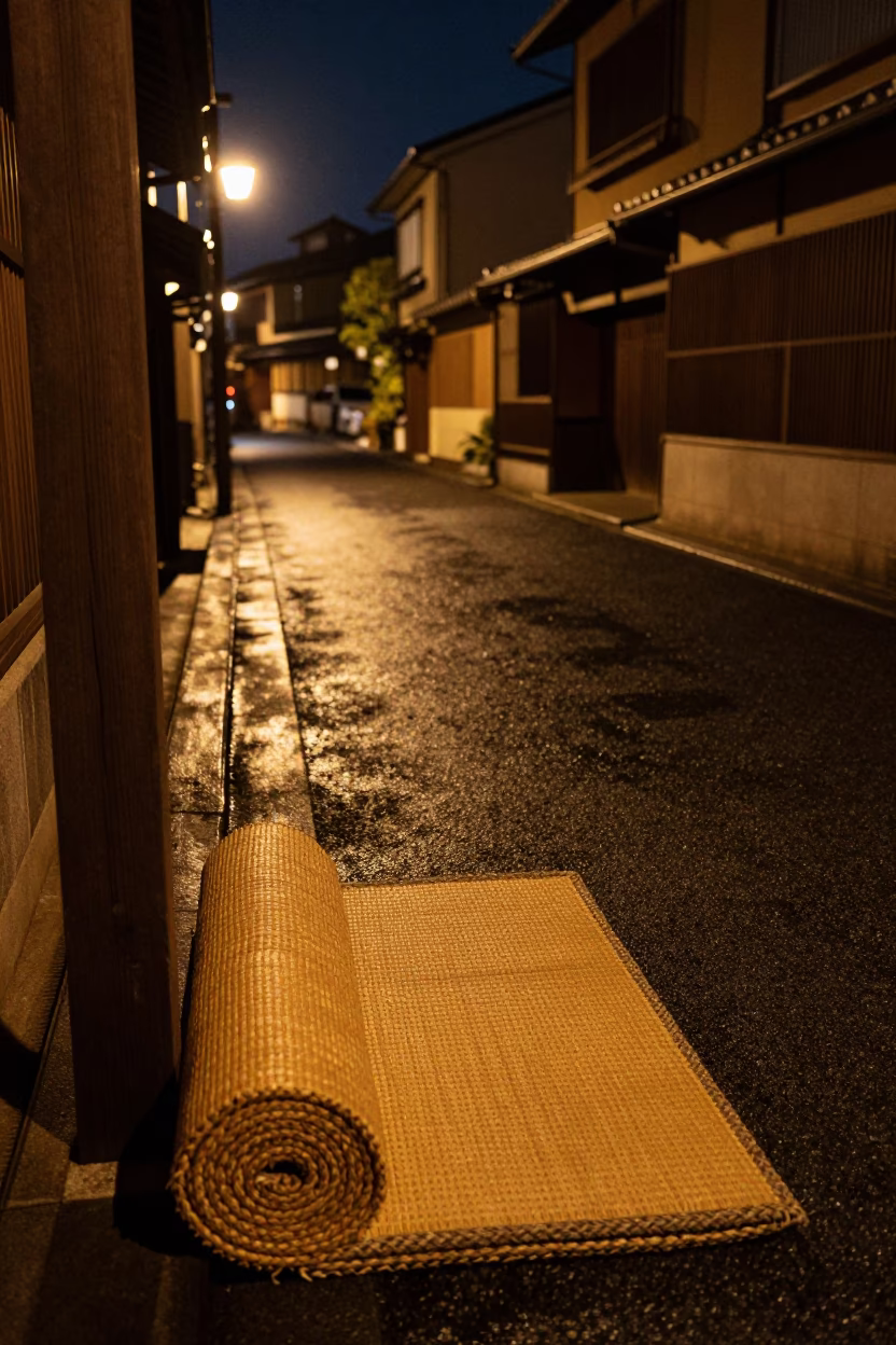 Late Night Kyoto Street Scene with Traditional Woven Mats and Lantern Light in in Kyoto, Japan