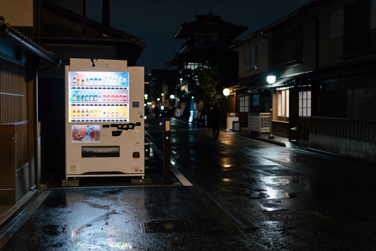 Late Night Kyoto Street Scene with Vending Machine and Wicker Shadow Reflection in in Kyoto, Japan