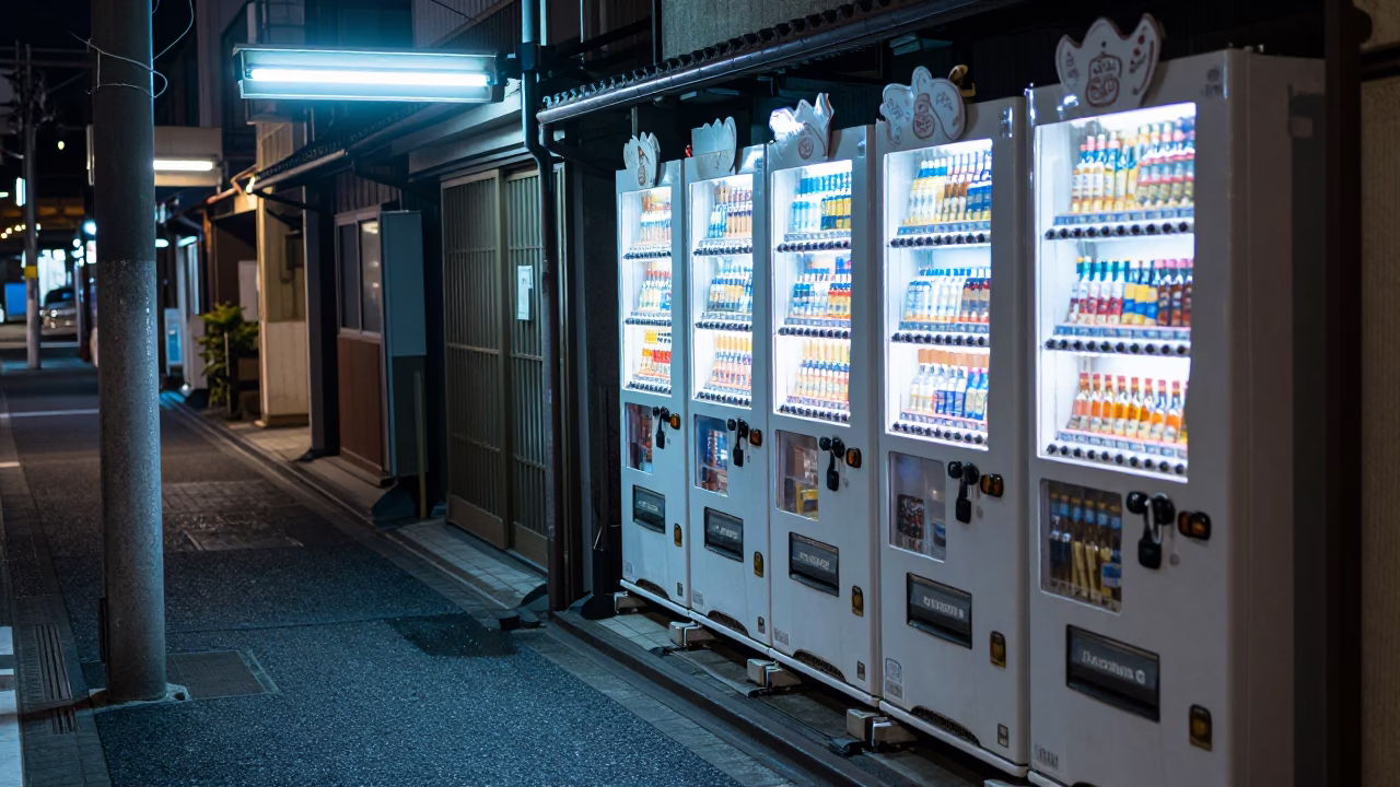 Late Night Kyoto Street Scene with Vending Machines and Urban Neon Reflections in in Kyoto, Japan