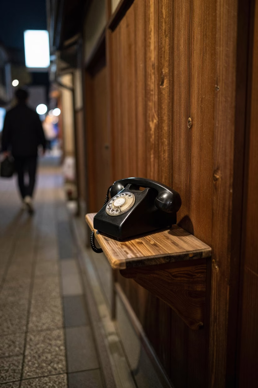 Late Night Kyoto Street Scene with Vintage Bakelite Telephone and Bonsai Juniper in in Kyoto, Japan