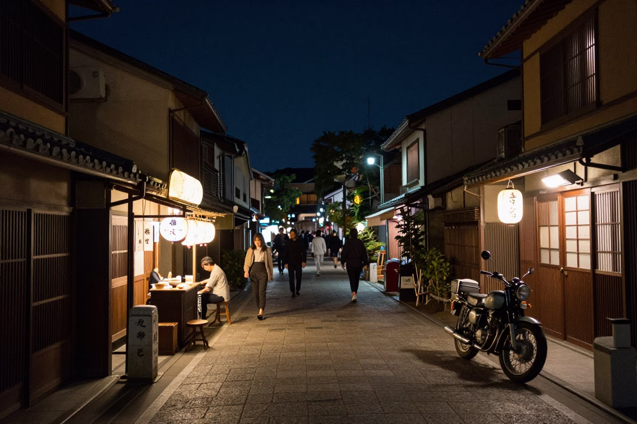 Late Night Kyoto Street Scene with Vintage Motorcycle and Neon Signage in in Kyoto, Japan
