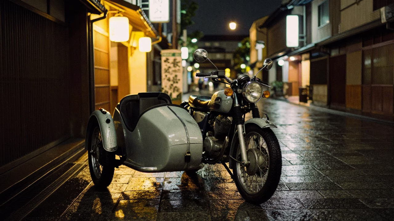 Late Night Kyoto Street Scene with Vintage Motorcycle and Sidecar Parked Outside Traditional Shop in in Kyoto, Japan