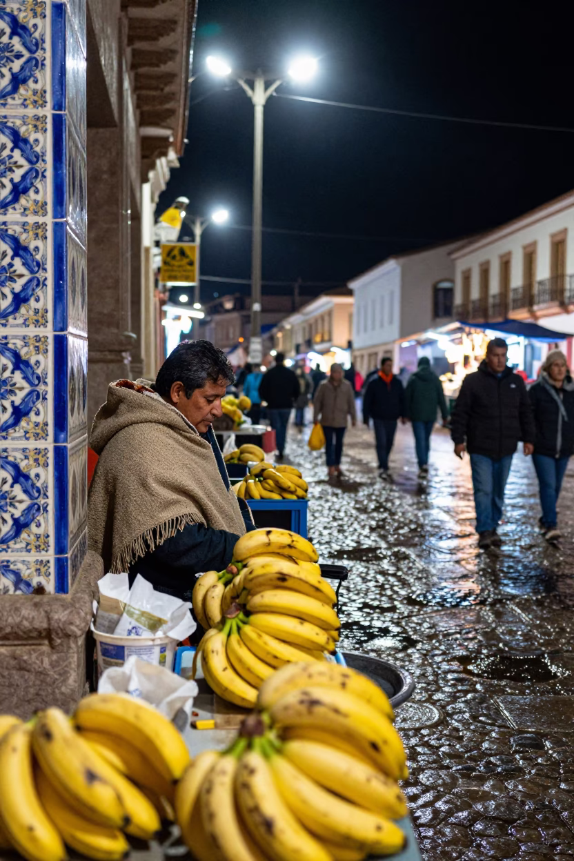 Late Night La Paz Bolivia Street Scene with Ceramic Tiles and Bananas in in La Paz, Bolivia