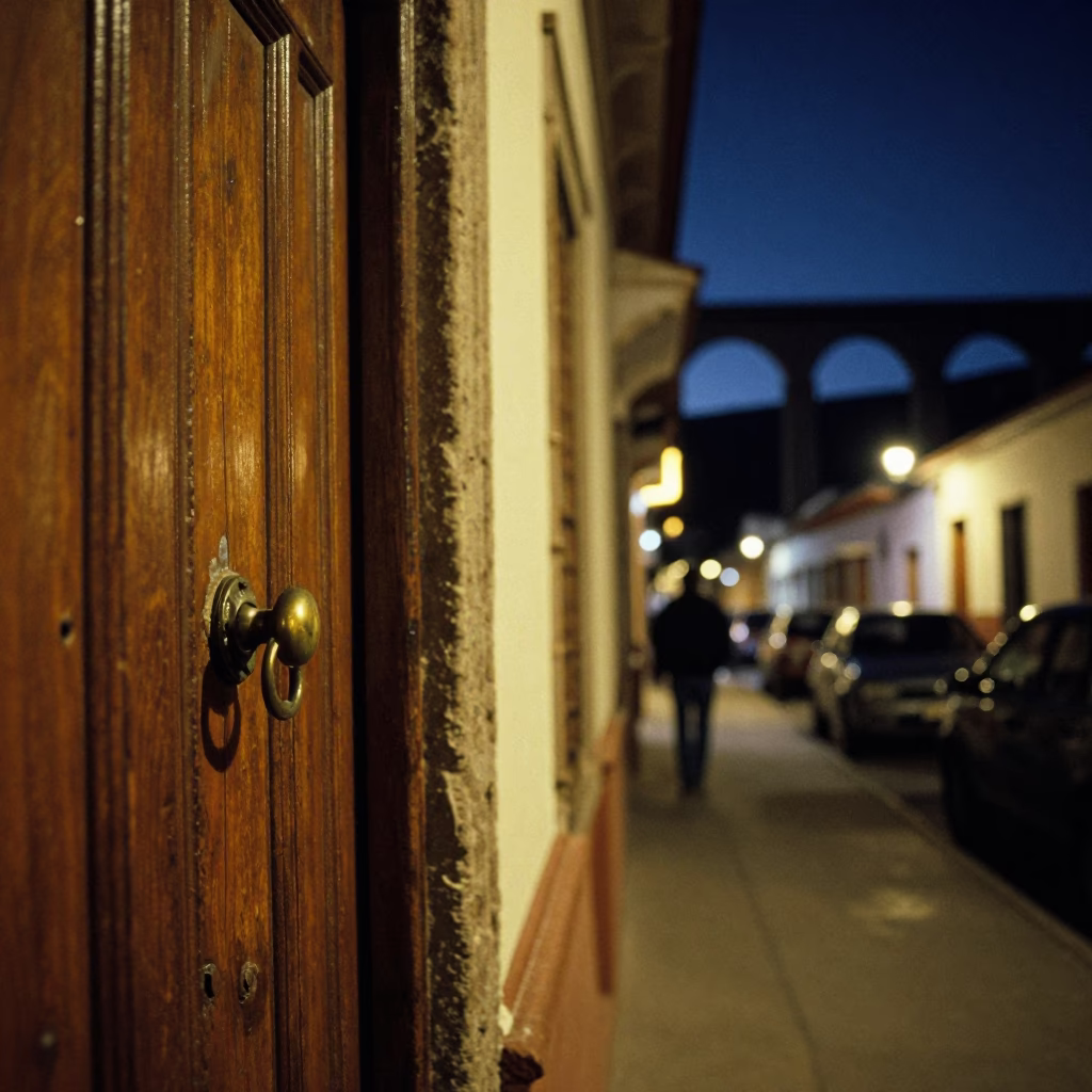 Late Night La Paz Bolivia Street Scene with Doorknob and Aqueduct Parapets in in La Paz, Bolivia