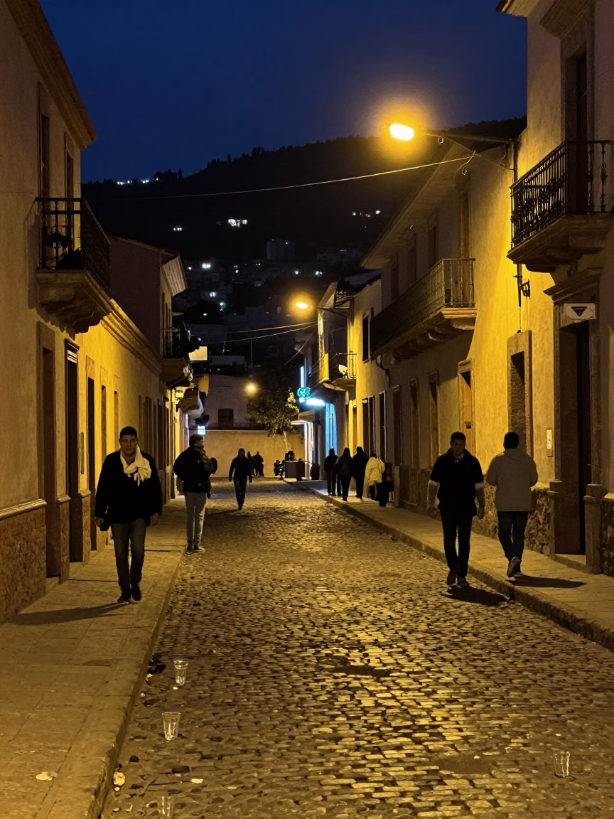 Late Night La Paz Bolivia Street Scene with Glass Tumblers and Raincoats on Cobblestone in in La Paz, Bolivia