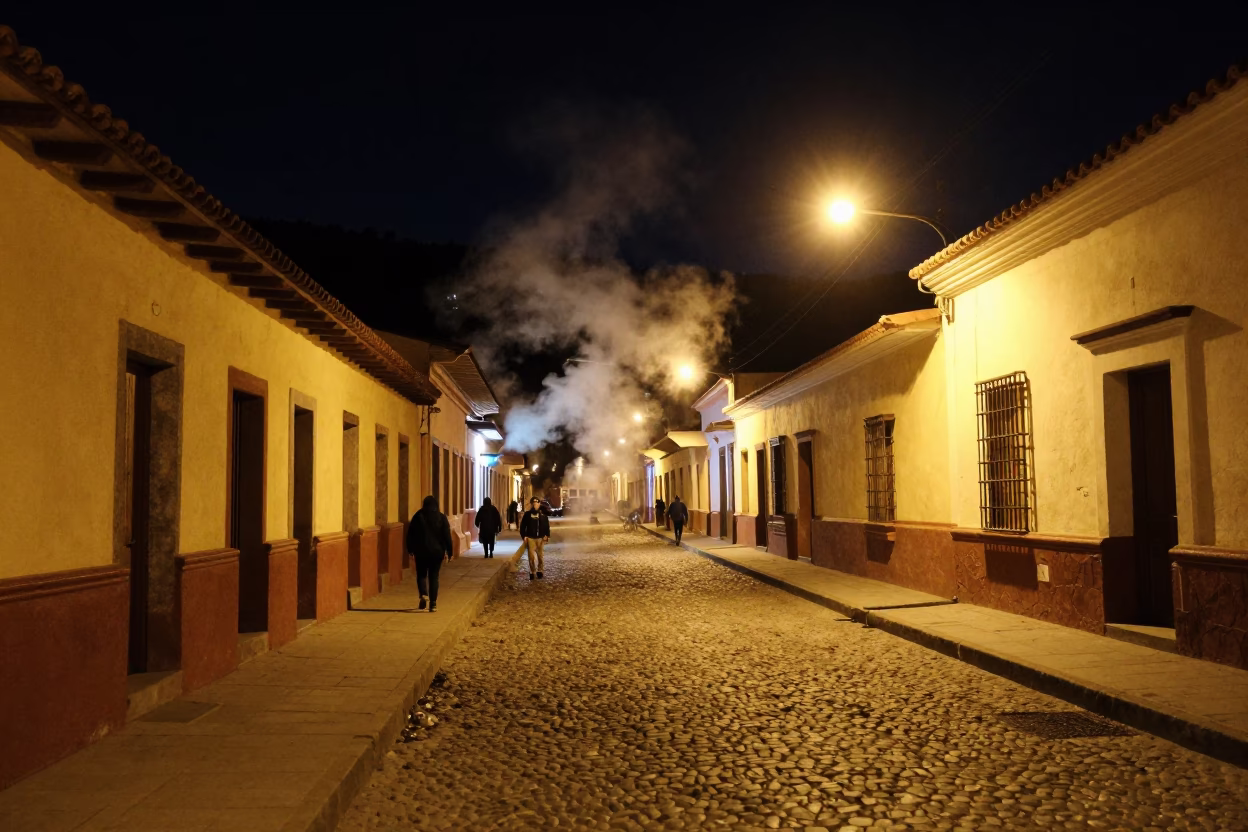 Late Night La Paz Bolivia Street Scene with Steam and Local Life in in La Paz, Bolivia