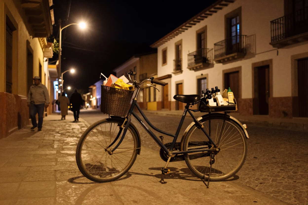 Late Night La Paz Street Scene with Bicycle Basket and Bottle Caddy in in La Paz, Bolivia