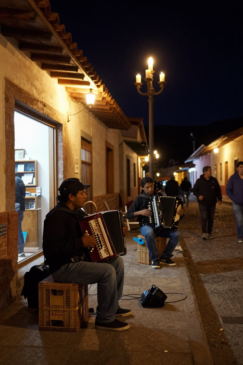 Late Night La Paz Street Scene with Candlestick and Accordion Musician in in La Paz, Bolivia