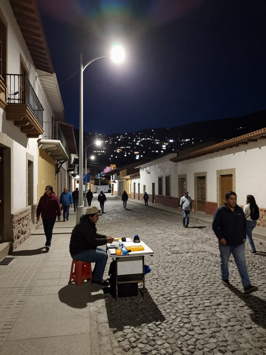 Late Night La Paz Street Scene with Local Vendor and Night Market Activity in in La Paz, Bolivia