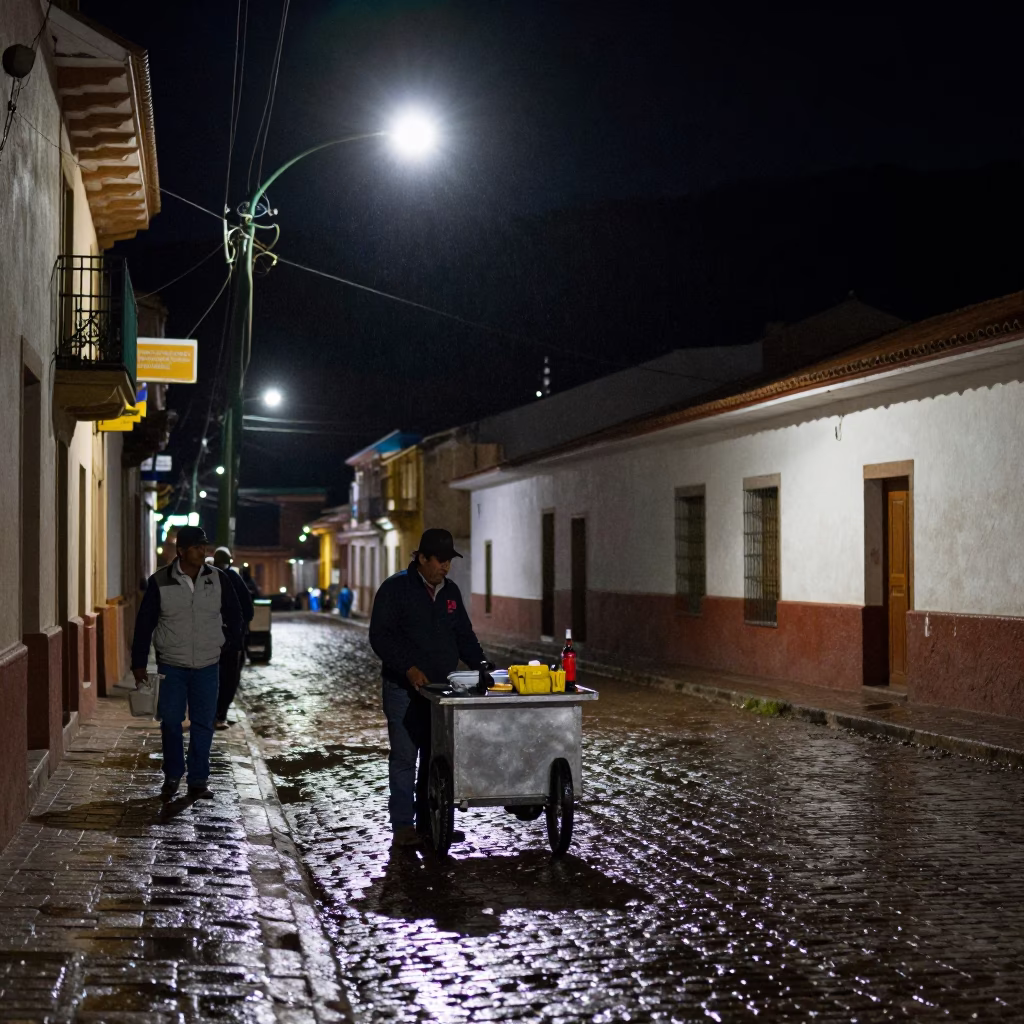 Late Night La Paz Street Scene with Soap Residue and Measuring Spoon Ring in in La Paz, Bolivia