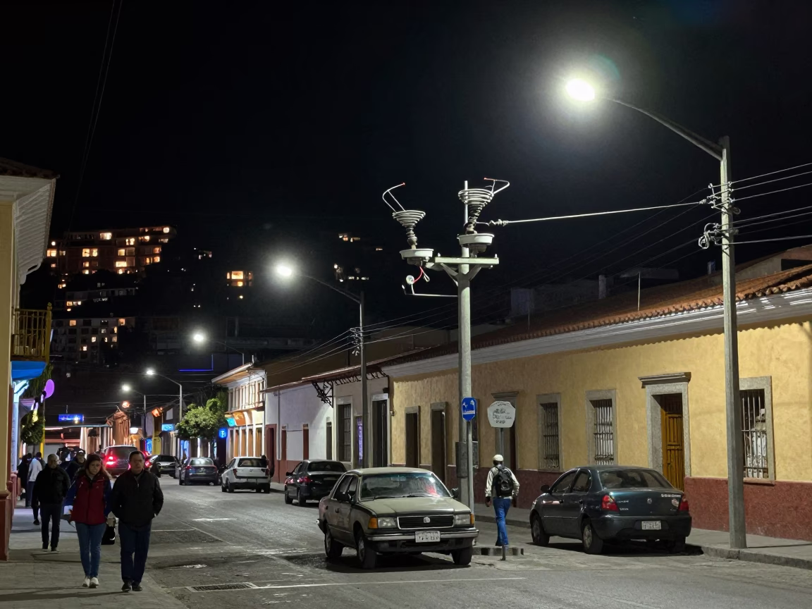 Late Night La Paz Street Scene with Substation Insulators and Urban Nightlife in in La Paz, Bolivia
