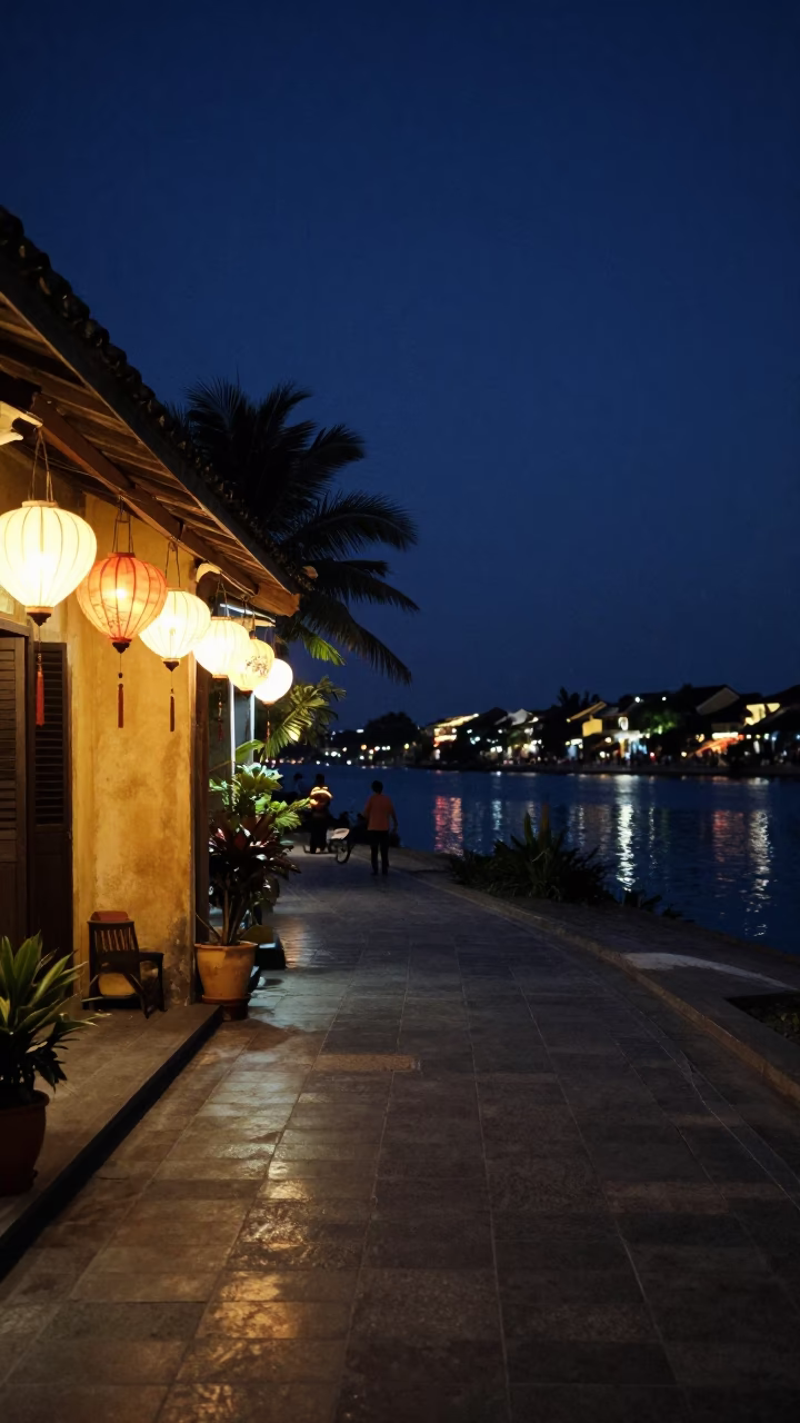 Late Night Lantern Street Scene in Hoi An Vietnam with River View in in Hoi An, Vietnam