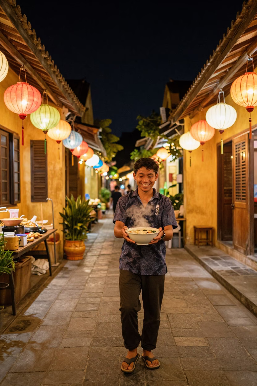 Late Night Lanterns and Street Food in Hoi An Ancient Town Vietnam in in Hoi An, Vietnam