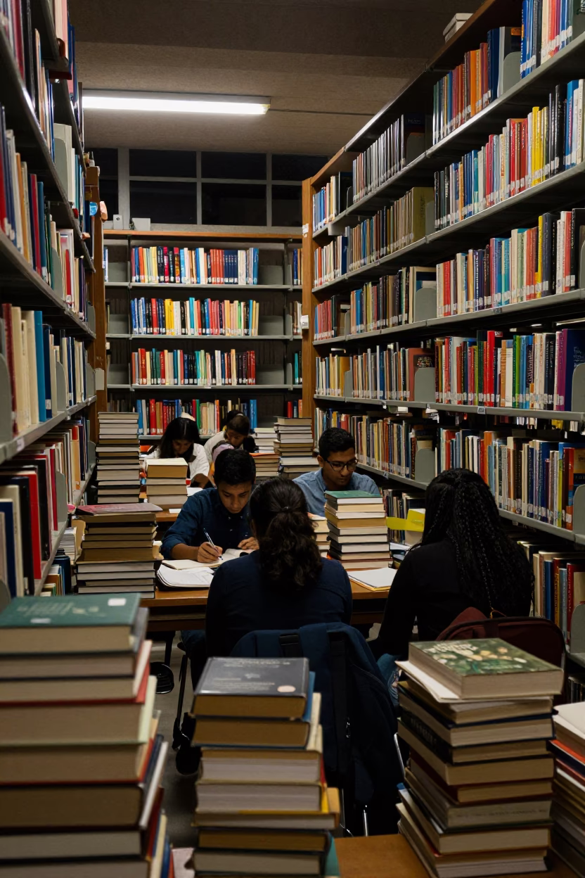 Late Night Library Study Session in Medellin Colombia Amidst Stacks in in Medellin, Colombia