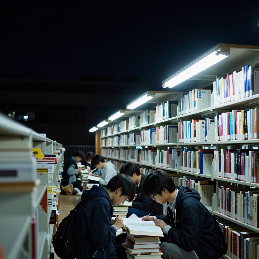 Late Night Library Study Session Under Deep Night Sky in Fukuoka Japan in in Fukuoka, Japan