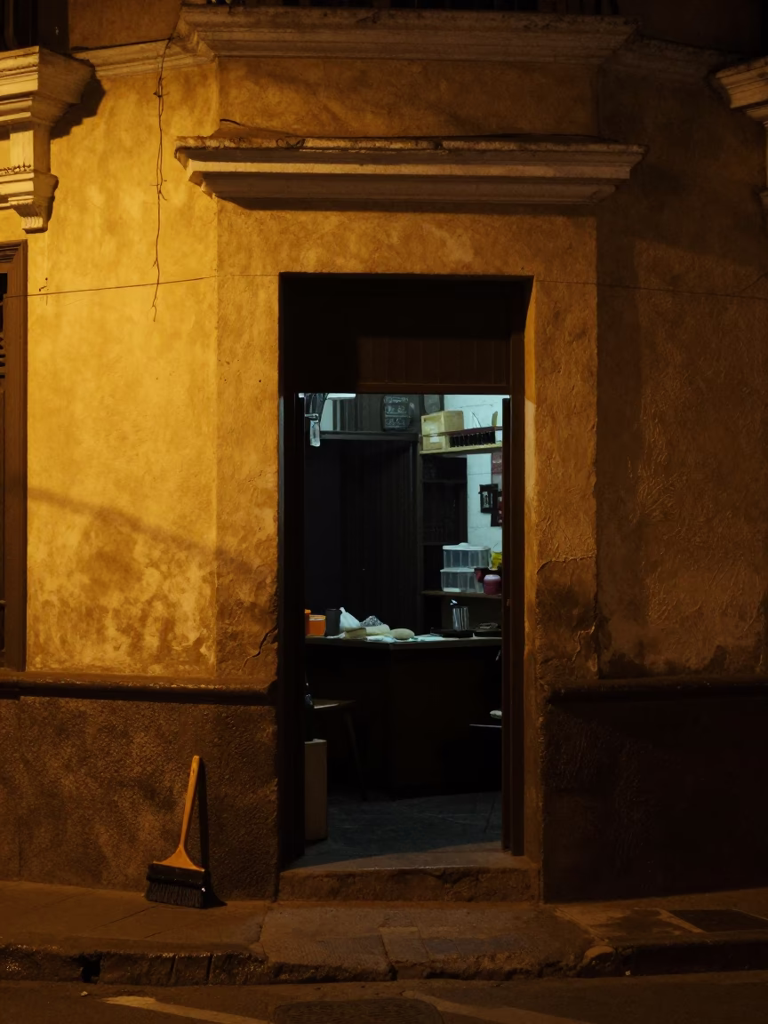Late Night Lima Street Corner with Coat Brush and Porcelain Details in in Lima, Peru