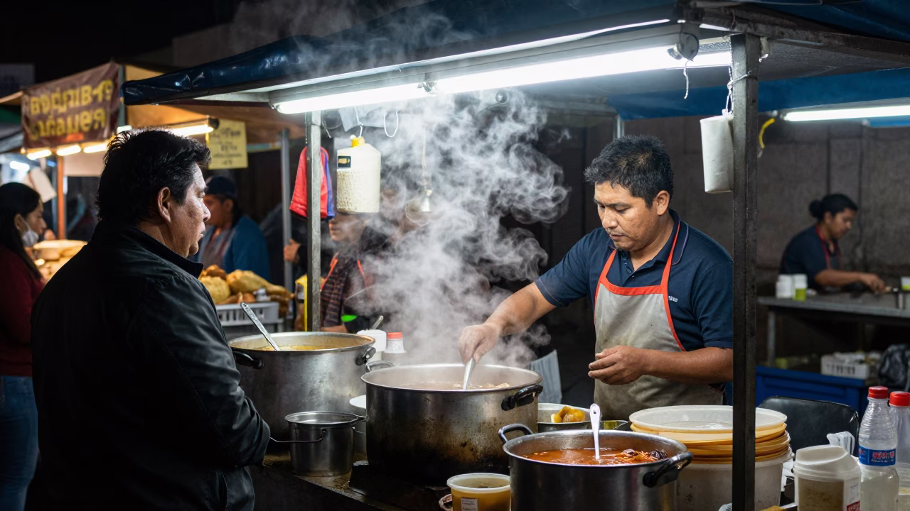 Late Night Lima Street Food Stall with Condensation and Electric Kettle in in Lima, Peru