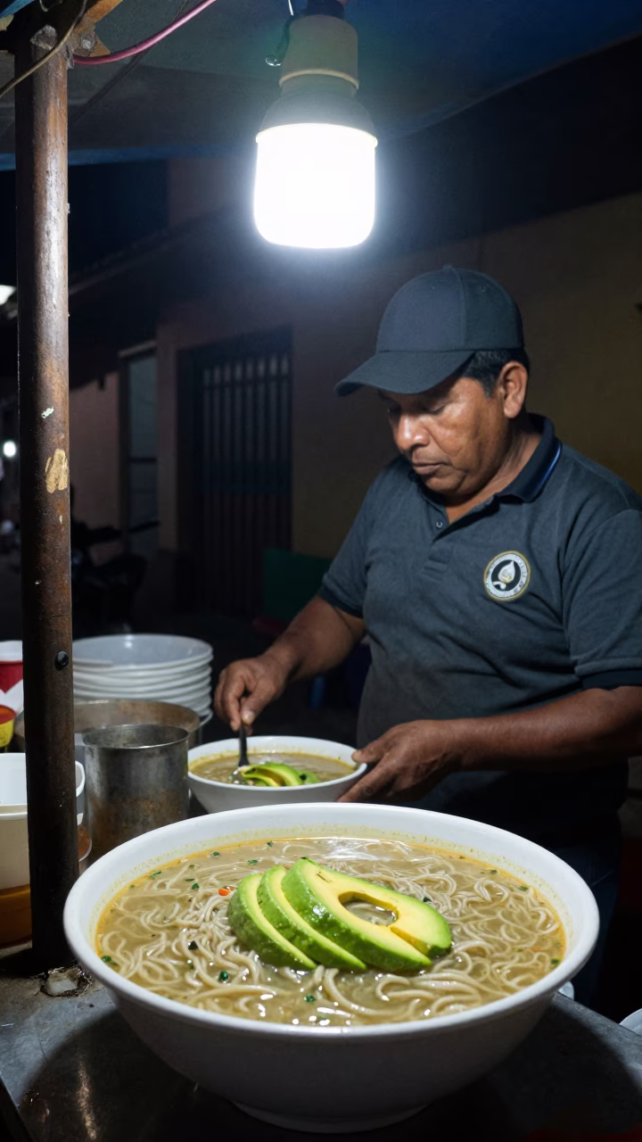 Late Night Lima Street Food Stall with Tortilla Soup and Avocado in in Lima, Peru