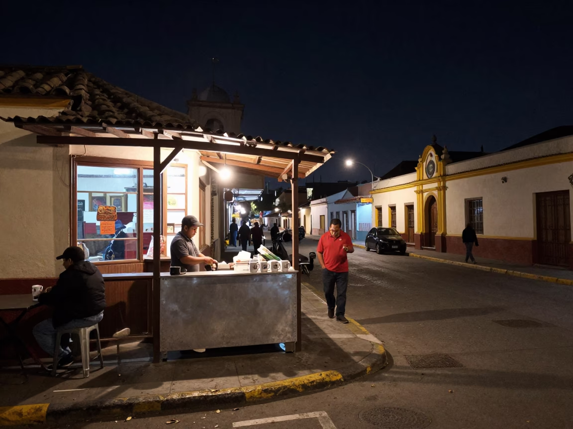 Late Night Lima Street Scene with Coffee Mugs and Urban Details in in Lima, Peru