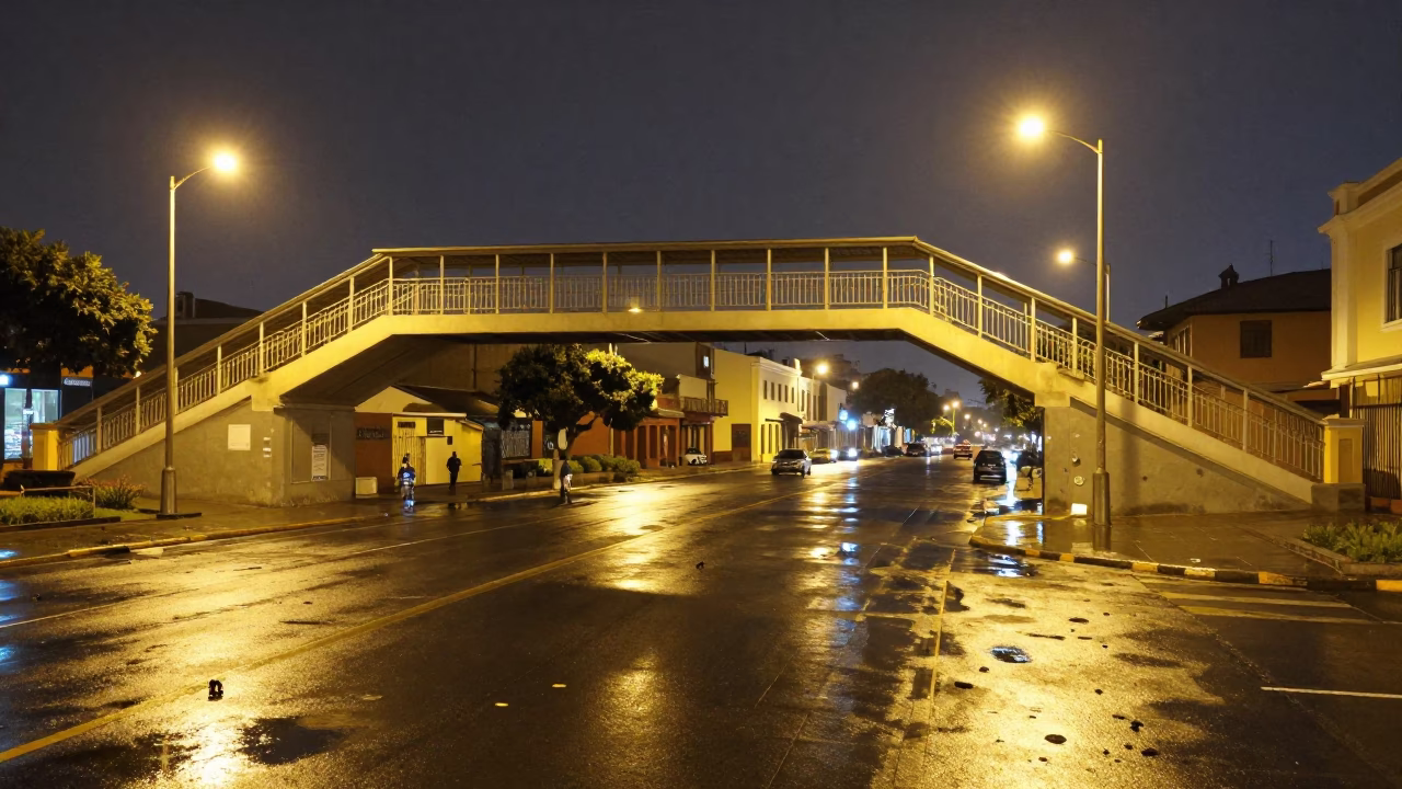 Late Night Lima Street Scene with Pedestrian Overpass and Wet Footsteps in in Lima, Peru