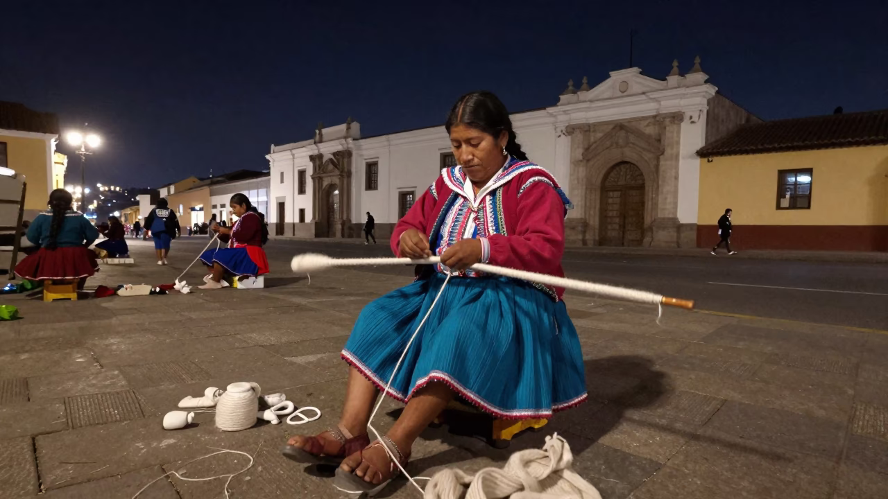 Late Night Lima Street Scene with Peruvian Woman Spinning Alpaca Wool and Urban Details in in Lima, Peru
