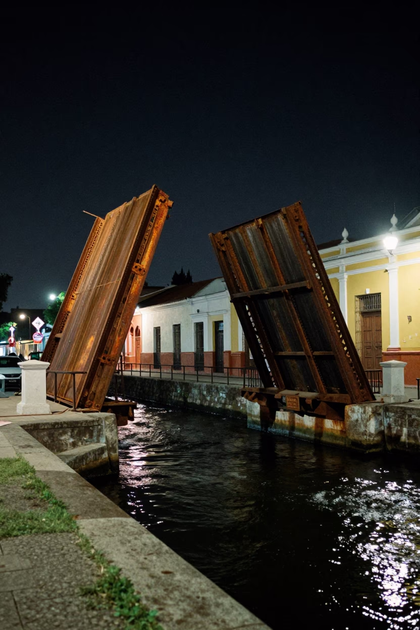 Late Night Lima Street Scene with Rusty Drawbridge and Porcelain Jar in in Lima, Peru