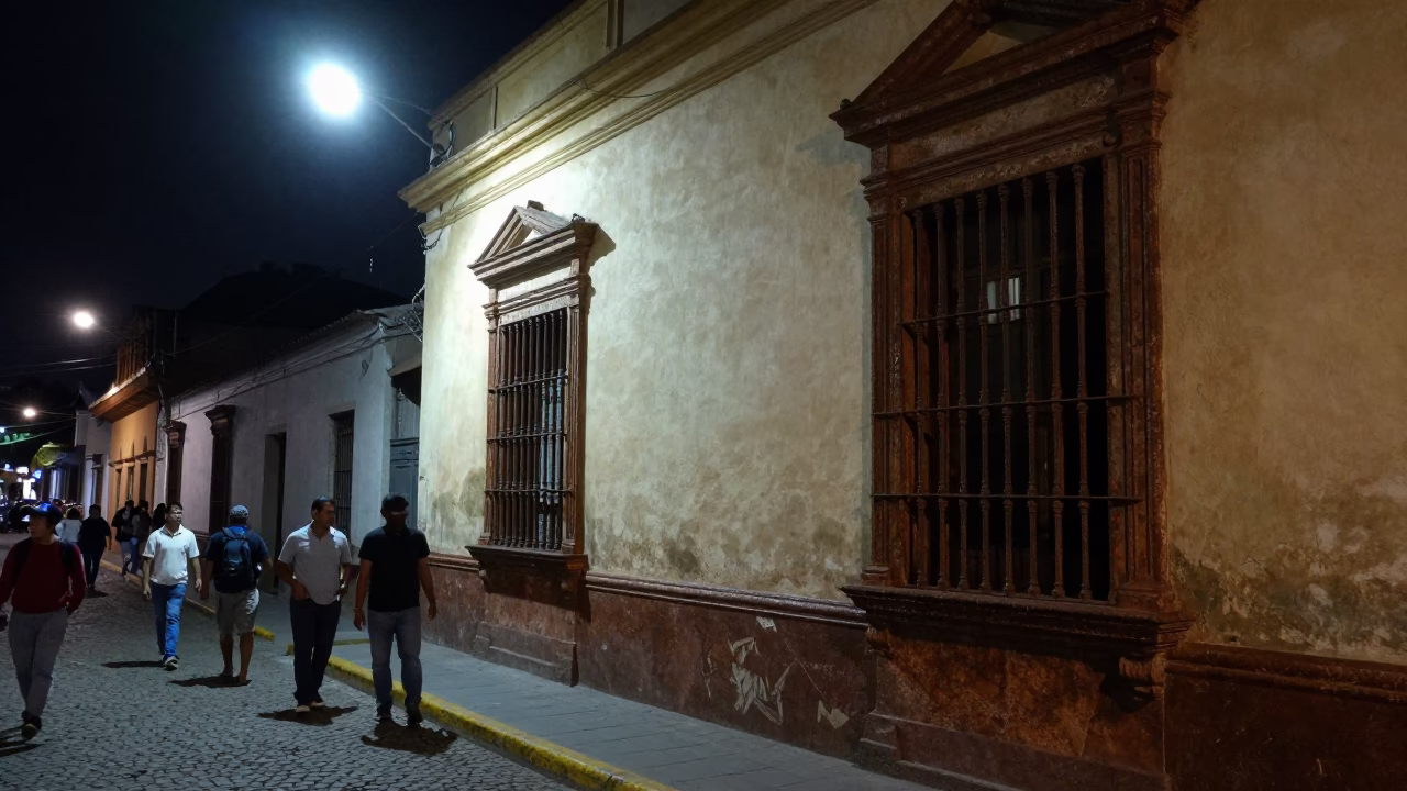 Late Night Lima Street Scene with Rusty Window Sill and Colorful Architecture in in Lima, Peru