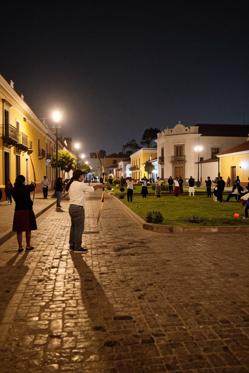 Late Night Lima Street Scene with Traditional Archery Contest Background in in Lima, Peru