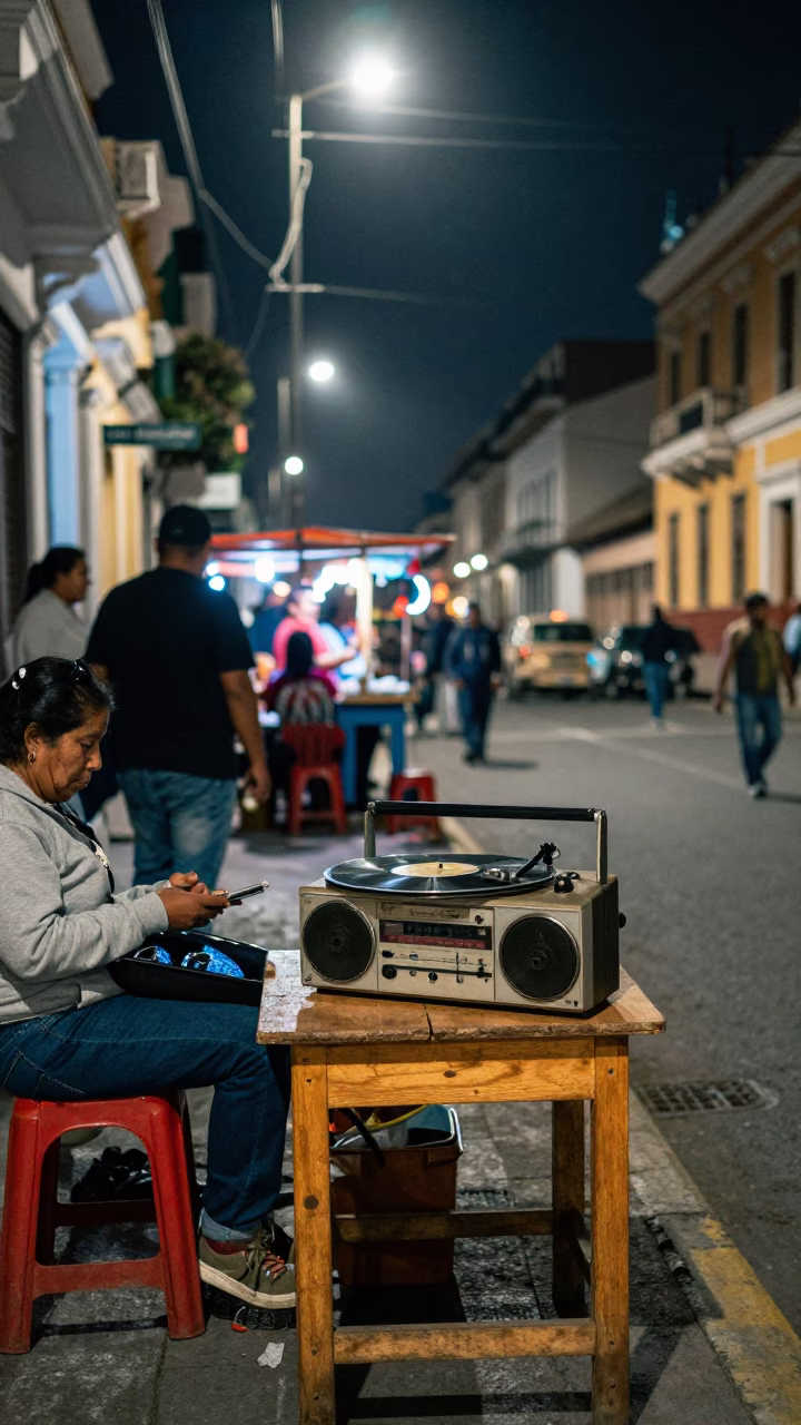 Late Night Lima Street Scene with Vintage Record Player and Sewing Tools in in Lima, Peru