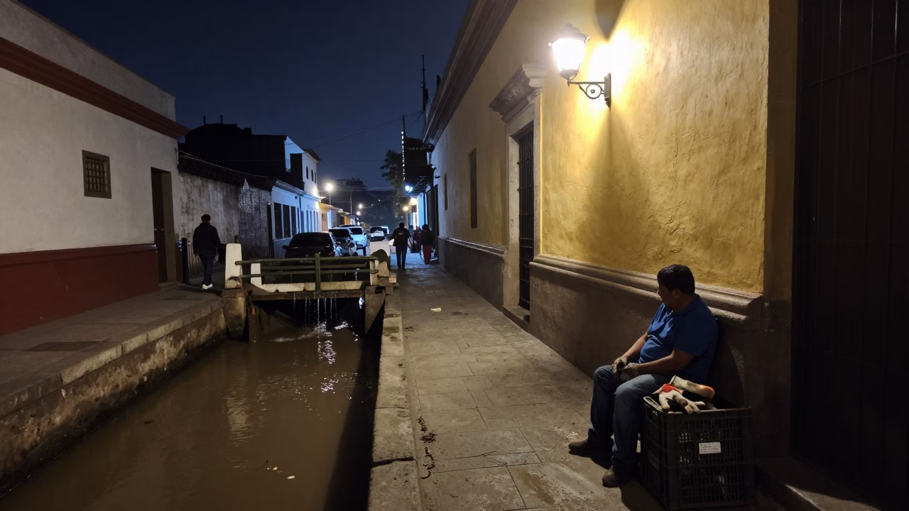 Late Night Lima Street Scene with Wall Sconce and Coiled Rope Near Muddy Canal in in Lima, Peru