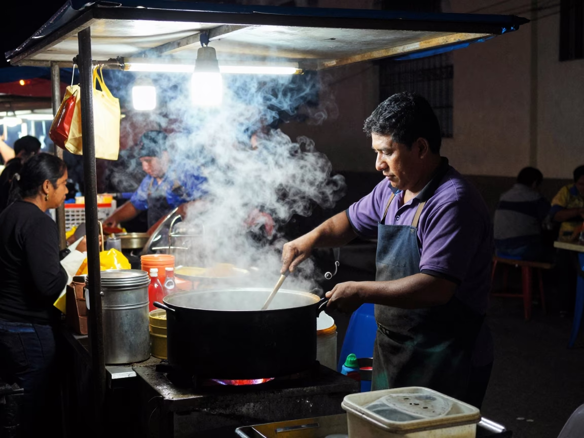Late Night Lima Street Vendor Cooking with Steam Haze and Measuring Cup in in Lima, Peru