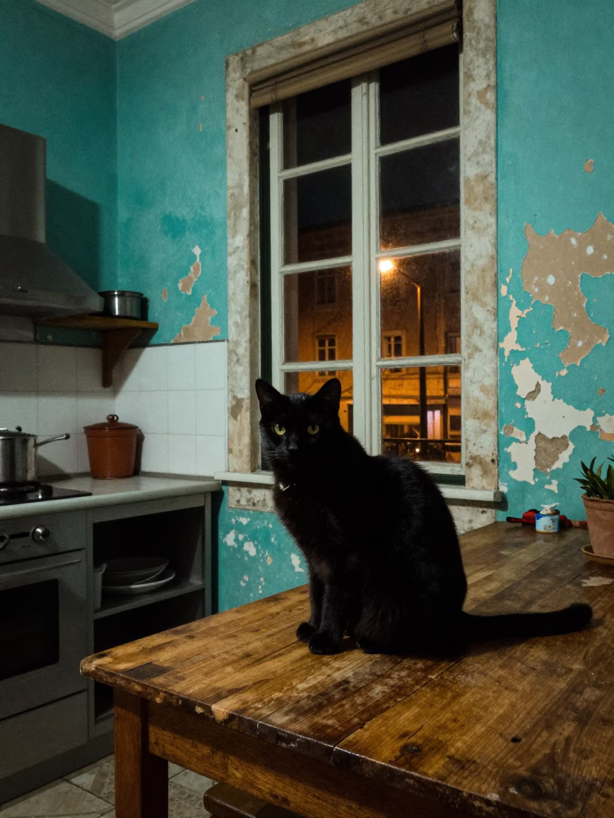 Late Night Lisbon Interior with Peeling Turquoise Paint and Black Cat in in Lisbon, Portugal