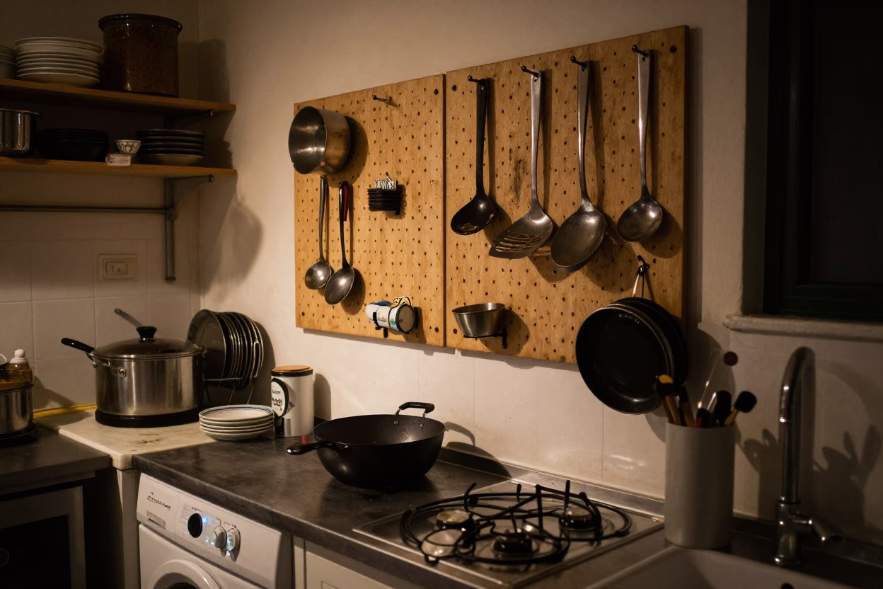 Late Night Lisbon Kitchen Scene with Pegboard and Dish Brushes at Night in in Lisbon, Portugal