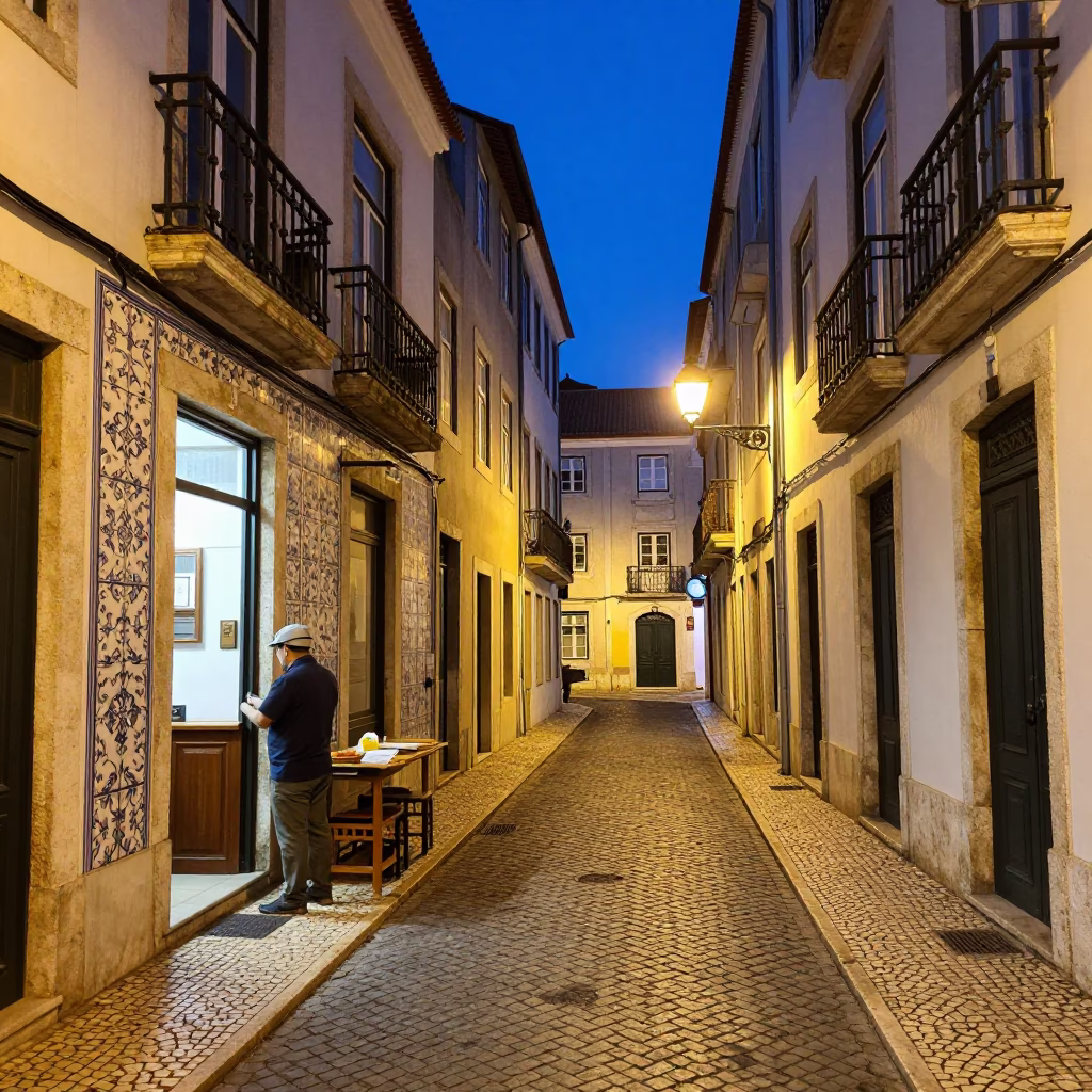 Late Night Lisbon Street Scene with Blue and White Porcelain Bowl on Cobblestones in in Lisbon, Portugal