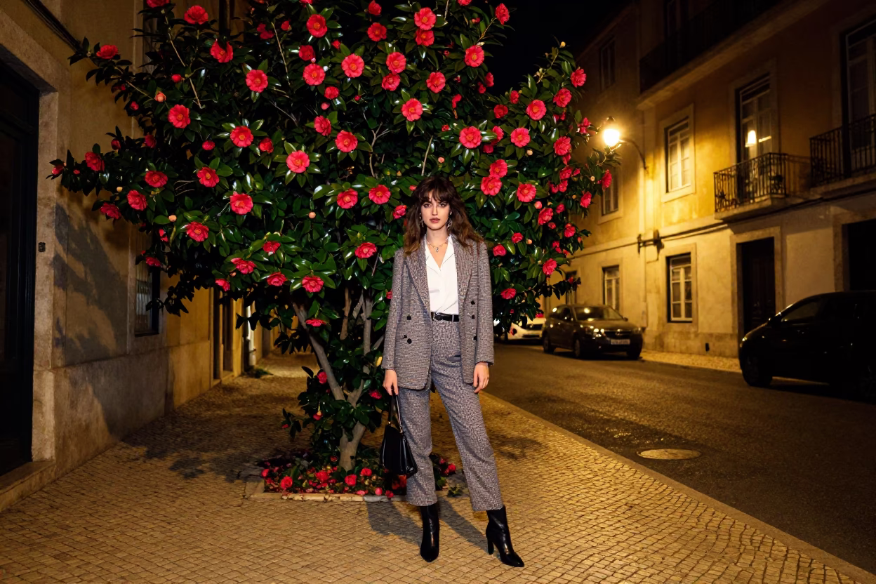 Late Night Lisbon Street Scene with Camellia Bush and Vintage Fashion Model in in Lisbon, Portugal