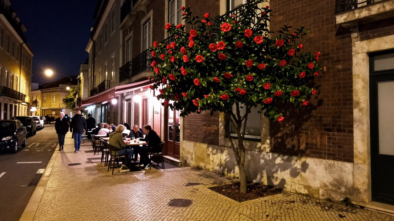 Late Night Lisbon Street Scene with Camellia Flowers and Window Light in in Lisbon, Portugal