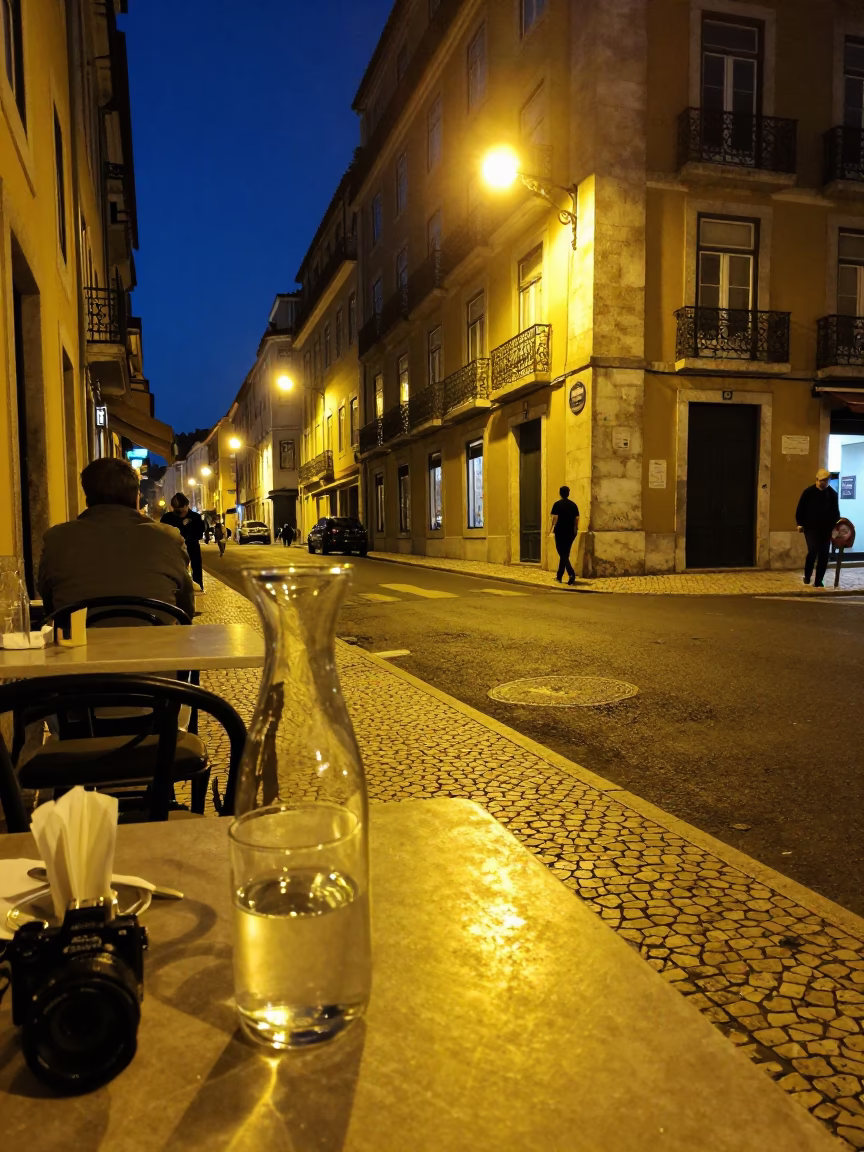 Late Night Lisbon Street Scene with Carafe and Urban Ambiance in in Lisbon, Portugal