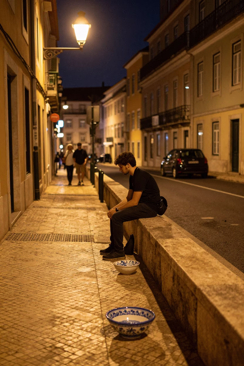 Late Night Lisbon Street Scene with Ceramic Bowl and Tile Smudges in in Lisbon, Portugal