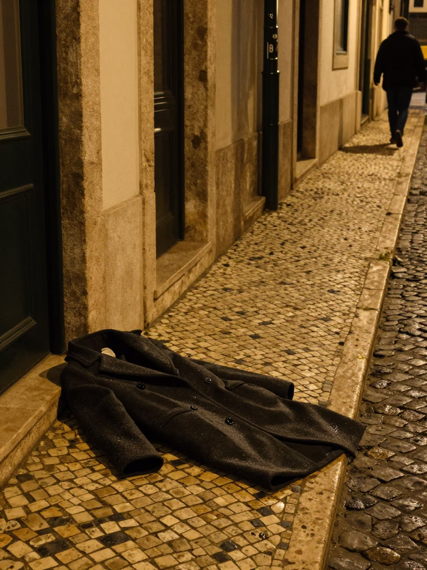 Late Night Lisbon Street Scene with Condensation and Coats in in Lisbon, Portugal