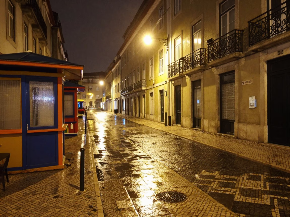 Late Night Lisbon Street Scene with Condensation on Tile and Terracotta Pot in in Lisbon, Portugal