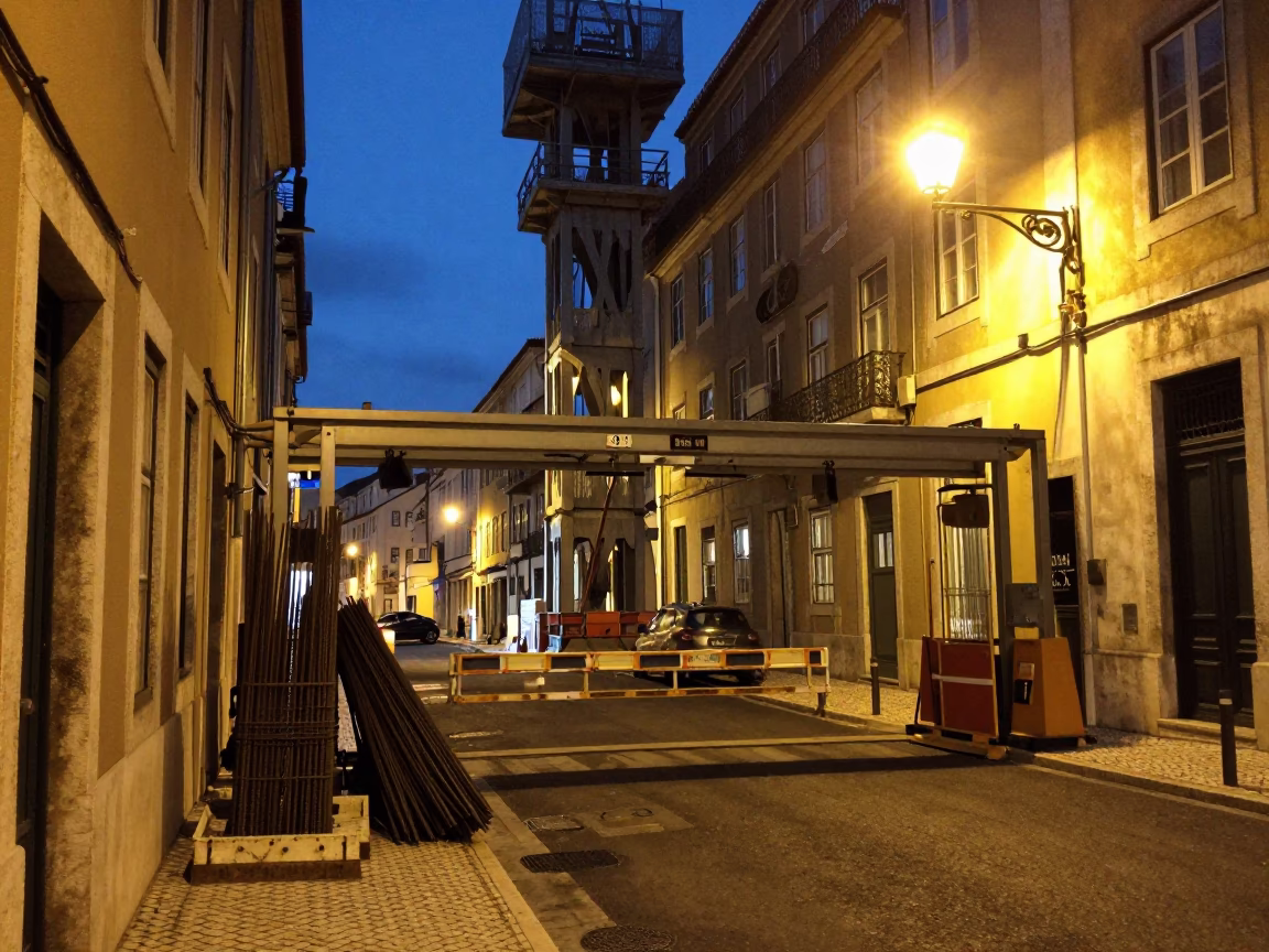 Late Night Lisbon Street Scene with Construction Elevator Gate and Rebar Bundles in in Lisbon, Portugal